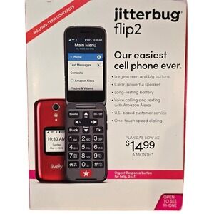Jitterbug Flip2 Easy to Use Seniors Flip Cell Phone Red in Color SEALED Lively!